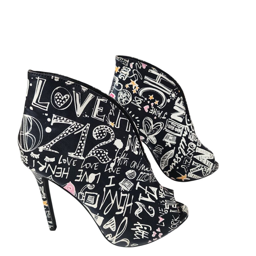 Liliana Stiletto Booties Womens Size 8 Peep Toe Graphic Heels Shoes Boots Black